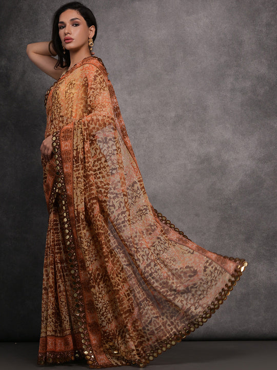 Brown Chiffon Mirror Work Designer Saree with Blouse