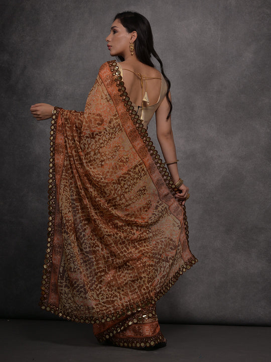Brown Chiffon Mirror Work Designer Saree with Blouse