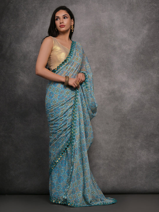 Sky Blue Chiffon Mirror Work Designer Saree with Blouse