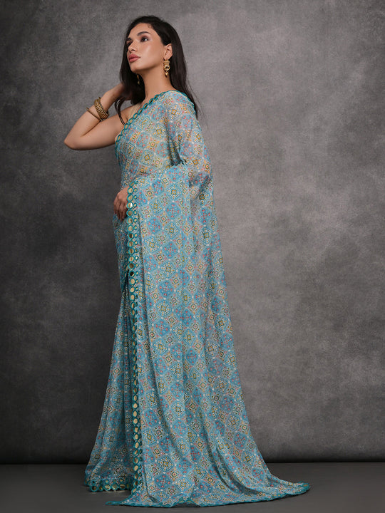 Sky Blue Chiffon Mirror Work Designer Saree with Blouse