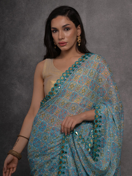 Sky Blue Chiffon Mirror Work Designer Saree with Blouse
