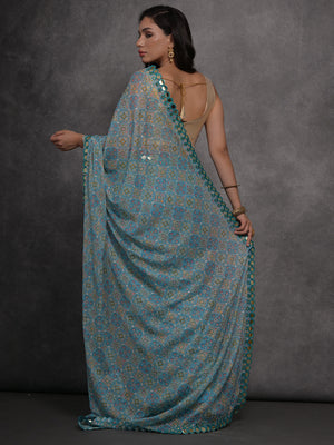 Sky Blue Chiffon Mirror Work Designer Saree with Blouse