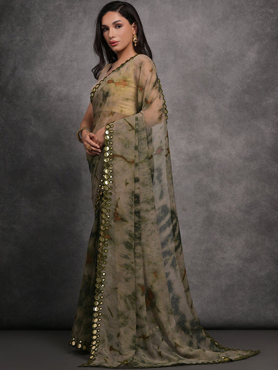Grey Chiffon Print with Mirror Work Designer Saree with Blouse