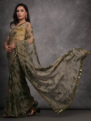 Grey Chiffon Print with Mirror Work Designer Saree with Blouse