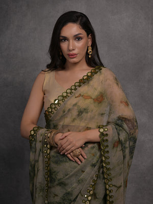 Grey Chiffon Print with Mirror Work Designer Saree with Blouse