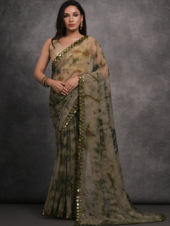 Grey Chiffon Print with Mirror Work Designer Saree with Blouse