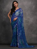 Blue Chiffon Print with Mirror Work Designer Saree with Blouse
