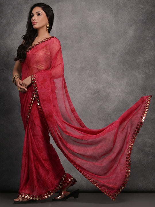 Pink Chiffon Print with Mirror Work Designer Saree with Blouse