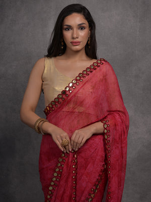Pink Chiffon Print with Mirror Work Designer Saree with Blouse