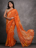 Orange Chiffon Print with Mirror Work Designer Saree with Blouse