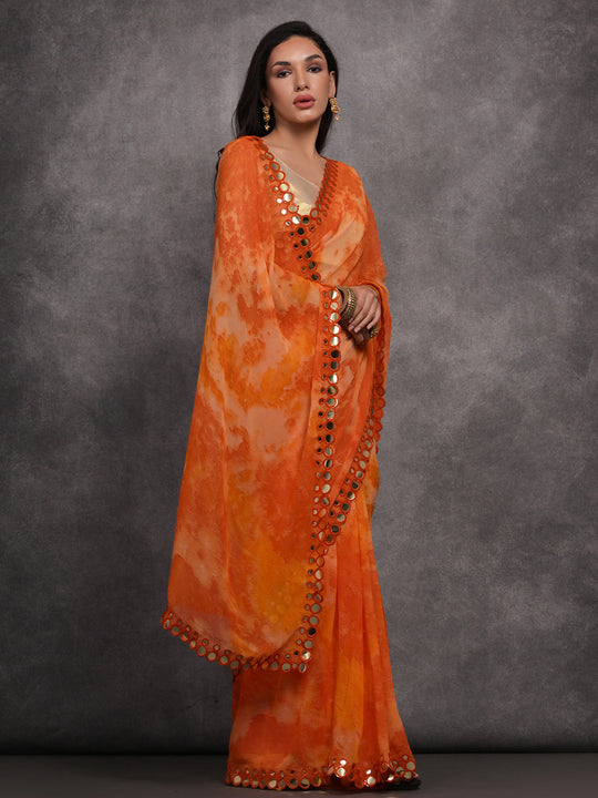 Orange Chiffon Print with Mirror Work Designer Saree with Blouse