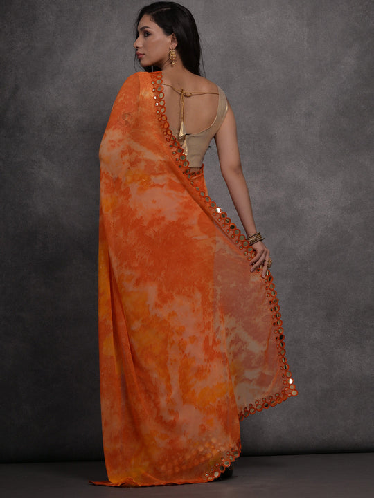 Orange Chiffon Print with Mirror Work Designer Saree with Blouse