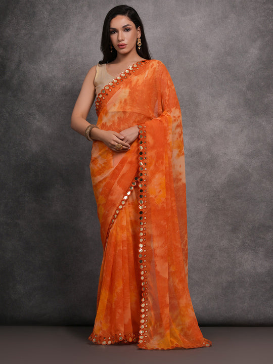 Orange Chiffon Print with Mirror Work Designer Saree with Blouse