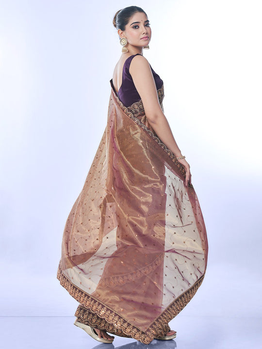 Brown Net Sequins Embroidered Designer Saree with Blouse