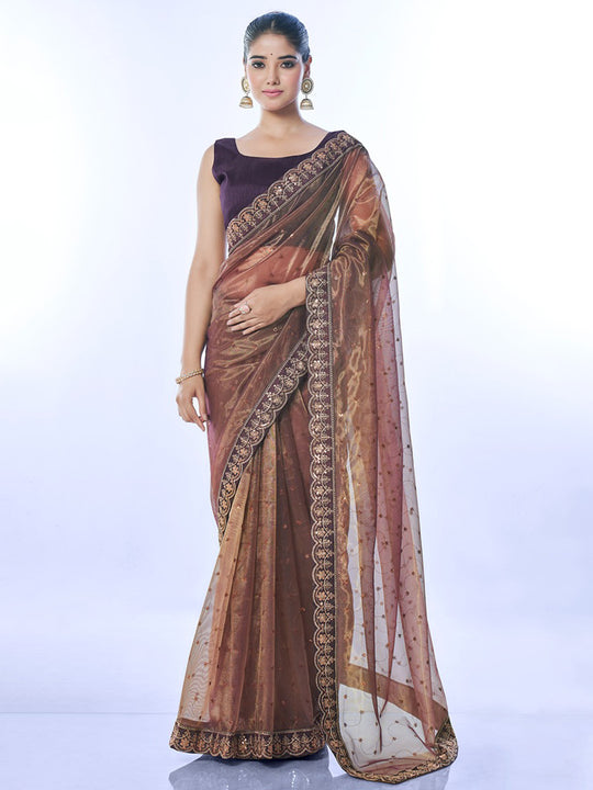 Brown Net Sequins Embroidered Designer Saree with Blouse