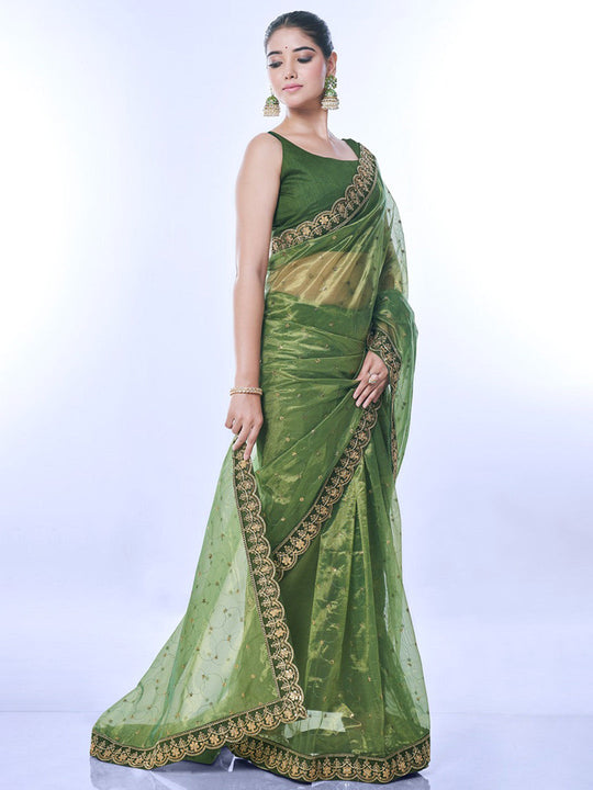 Green Net Sequins Embroidered Designer Saree with Blouse