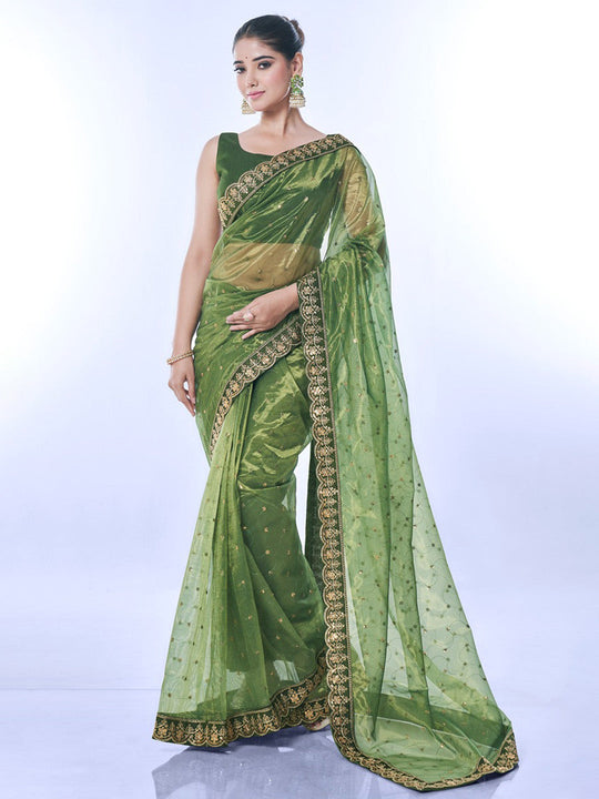 Green Net Sequins Embroidered Designer Saree with Blouse