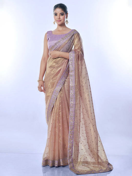 Purple Net Sequins Embroidered Designer Saree with Blouse