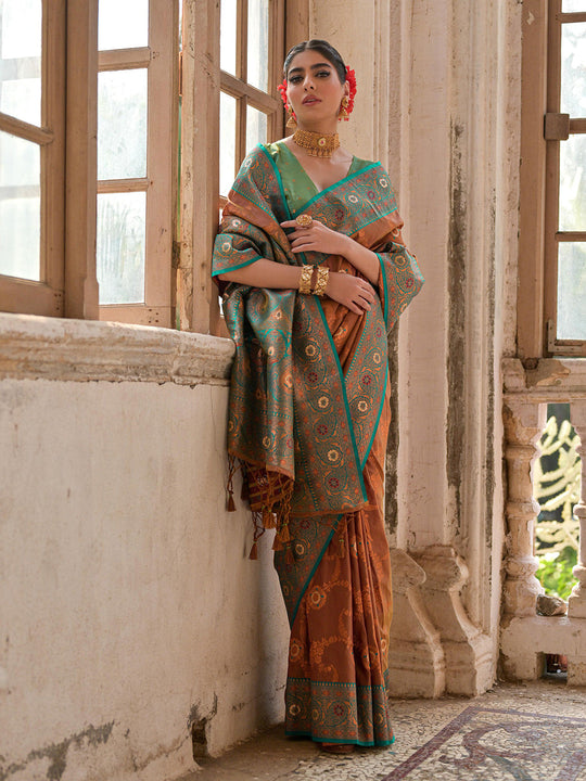 Brown Banarasi Silk Zari Woven Saree With Blouse Piece