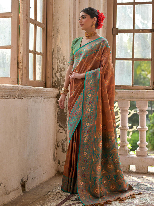 Brown Banarasi Silk Zari Woven Saree With Blouse Piece