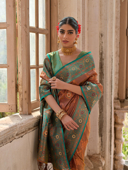 Brown Banarasi Silk Zari Woven Saree With Blouse Piece