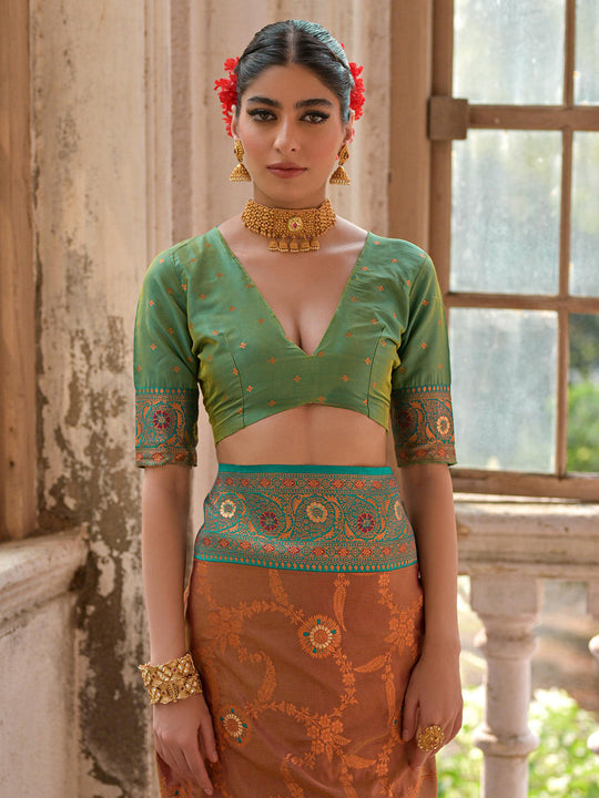 Brown Banarasi Silk Zari Woven Saree With Blouse Piece