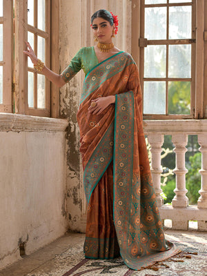 Brown Banarasi Silk Zari Woven Saree With Blouse Piece