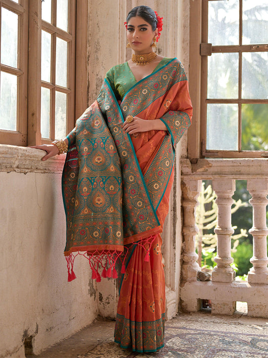 Orange Banarasi Silk Zari Woven Saree With Blouse Piece