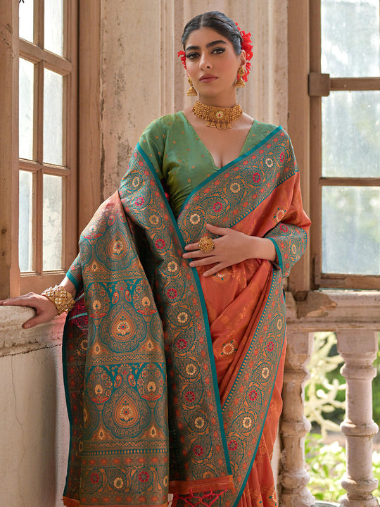 Orange Banarasi Silk Zari Woven Saree With Blouse Piece