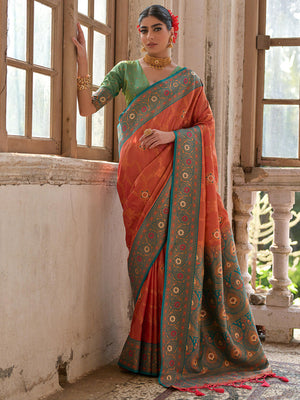 Orange Banarasi Silk Zari Woven Saree With Blouse Piece