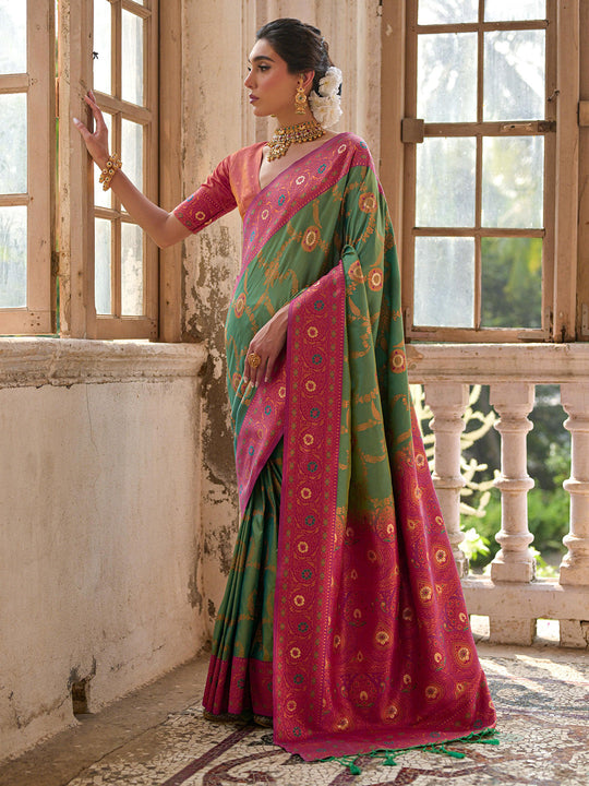 Pista Green Banarasi Silk Zari Woven Saree With Blouse Piece