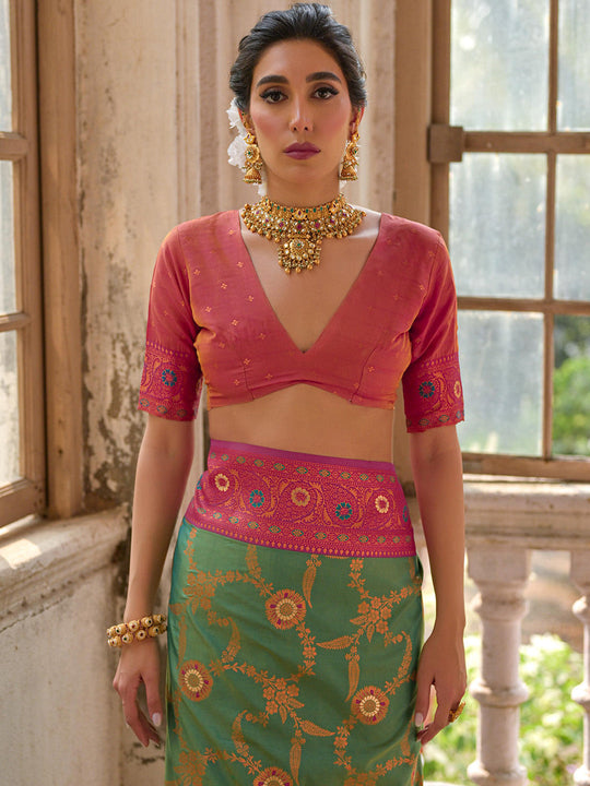 Pista Green Banarasi Silk Zari Woven Saree With Blouse Piece