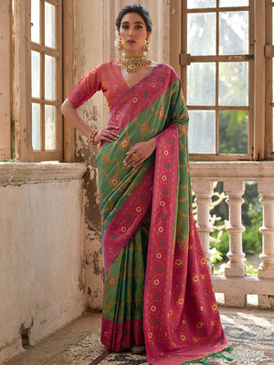 Pista Green Banarasi Silk Zari Woven Saree With Blouse Piece