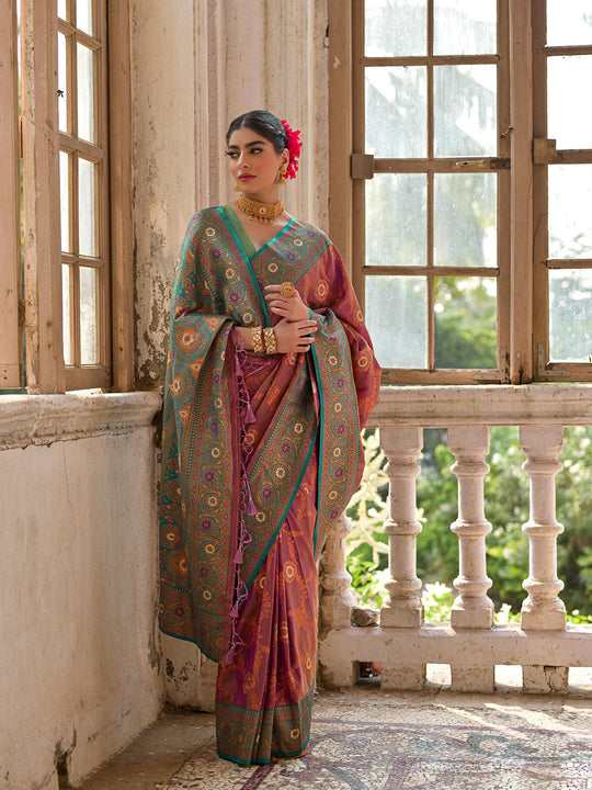 Wine Banarasi Silk Zari Woven Saree With Blouse Piece