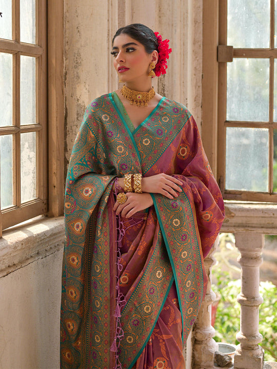 Wine Banarasi Silk Zari Woven Saree With Blouse Piece