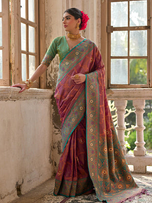 Wine Banarasi Silk Zari Woven Saree With Blouse Piece