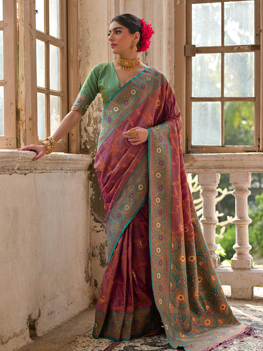 Wine Banarasi Silk Zari Woven Saree With Blouse Piece