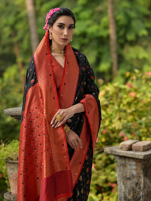 Black Banarasi Silk Zari Woven Saree With Blouse Piece