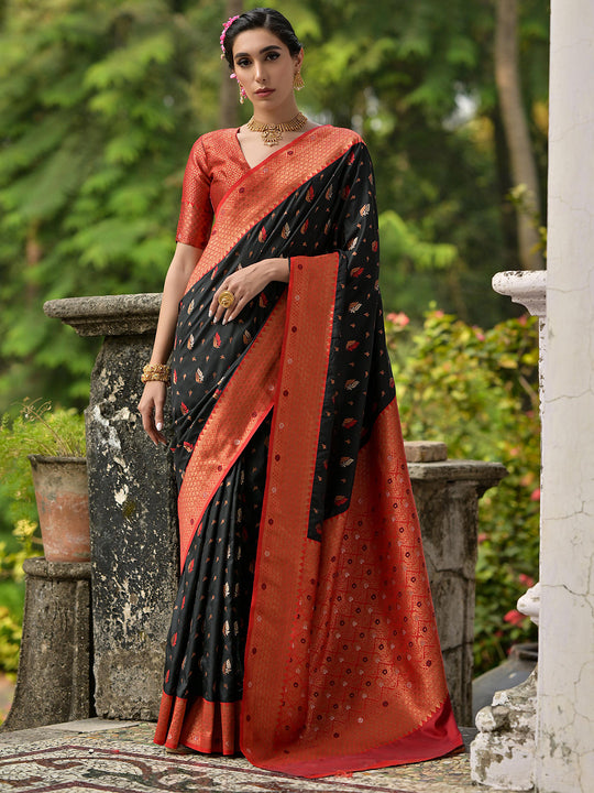 Black Banarasi Silk Zari Woven Saree With Blouse Piece