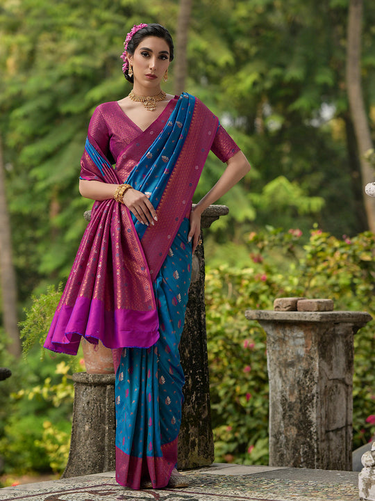 Blue Banarasi Silk Zari Woven Saree With Blouse Piece