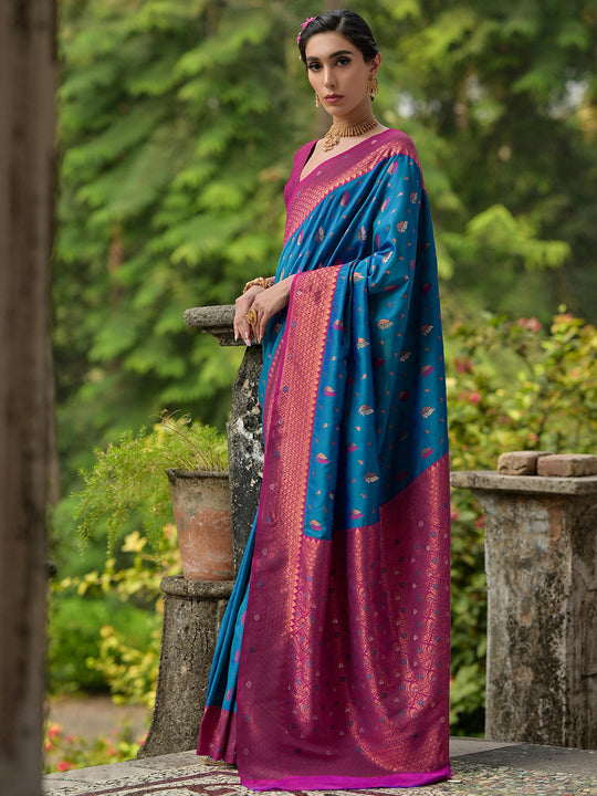 Blue Banarasi Silk Zari Woven Saree With Blouse Piece