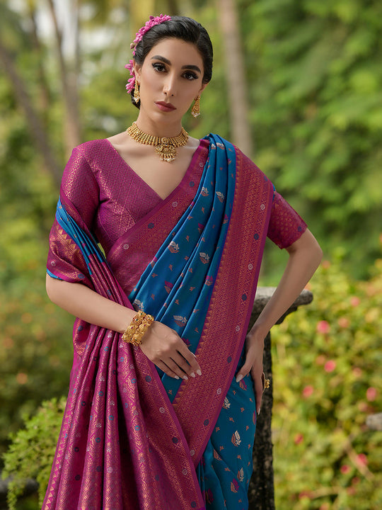 Blue Banarasi Silk Zari Woven Saree With Blouse Piece