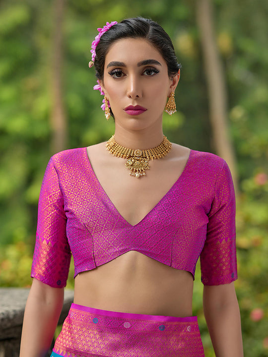 Blue Banarasi Silk Zari Woven Saree With Blouse Piece