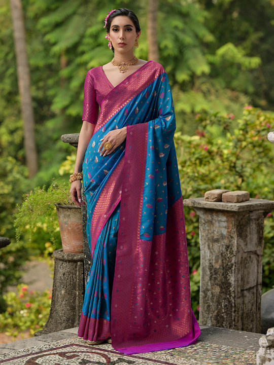 Blue Banarasi Silk Zari Woven Saree With Blouse Piece