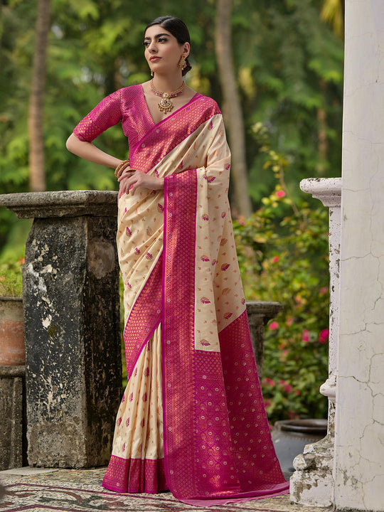 Cream Banarasi Silk Zari Woven Saree With Blouse Piece