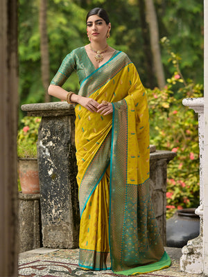 Lemon Yellow Banarasi Silk Zari Woven Saree With Blouse Piece