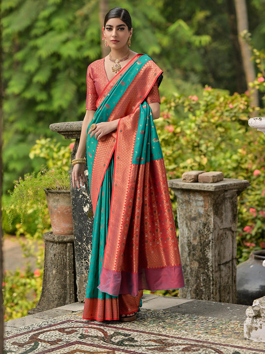 Blue Banarasi Silk Zari Woven Saree With Blouse Piece