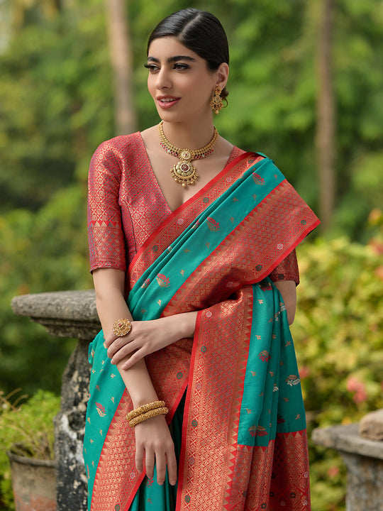 Blue Banarasi Silk Zari Woven Saree With Blouse Piece