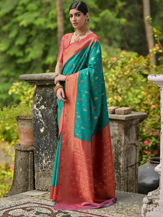 Blue Banarasi Silk Zari Woven Saree With Blouse Piece