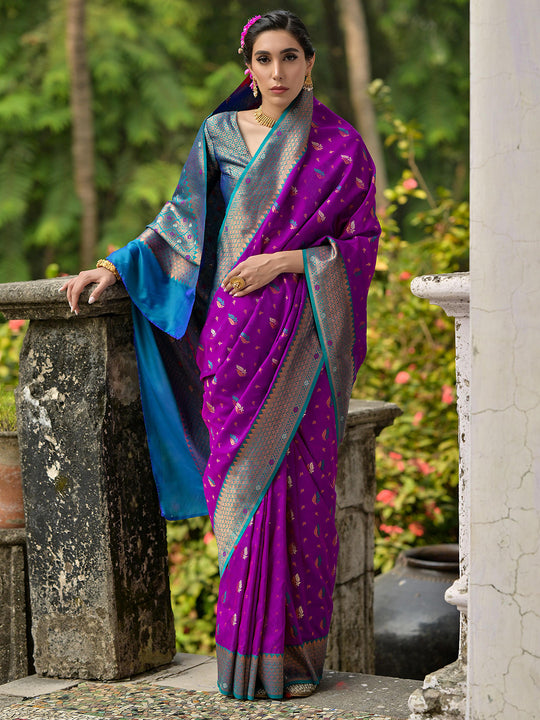 Purple Banarasi Silk Zari Woven Saree With Blouse Piece